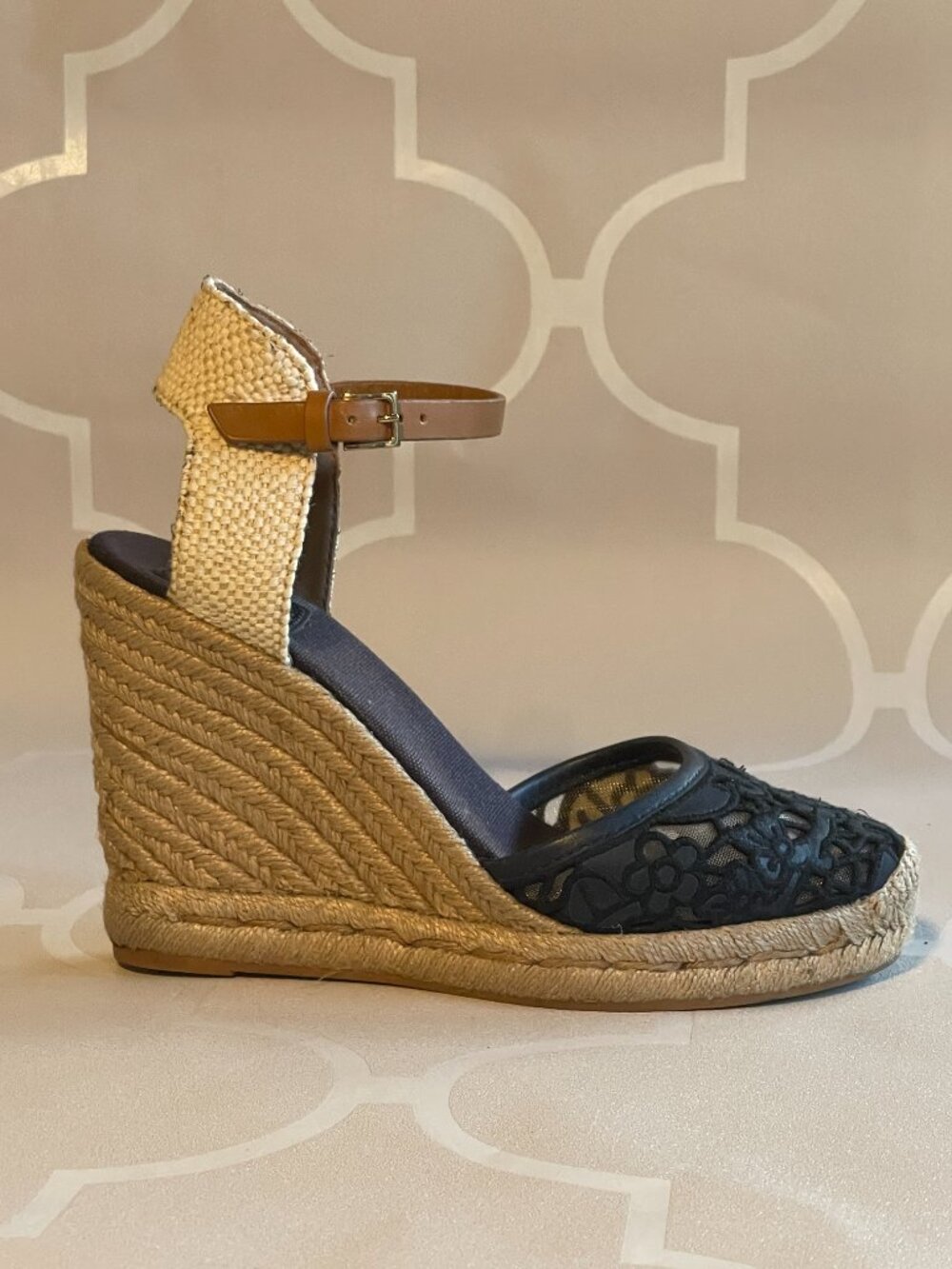 TORY BURCH Lucia Wedge Espadrilles – Canvas & Leather Woven Sandals – Size 8.5